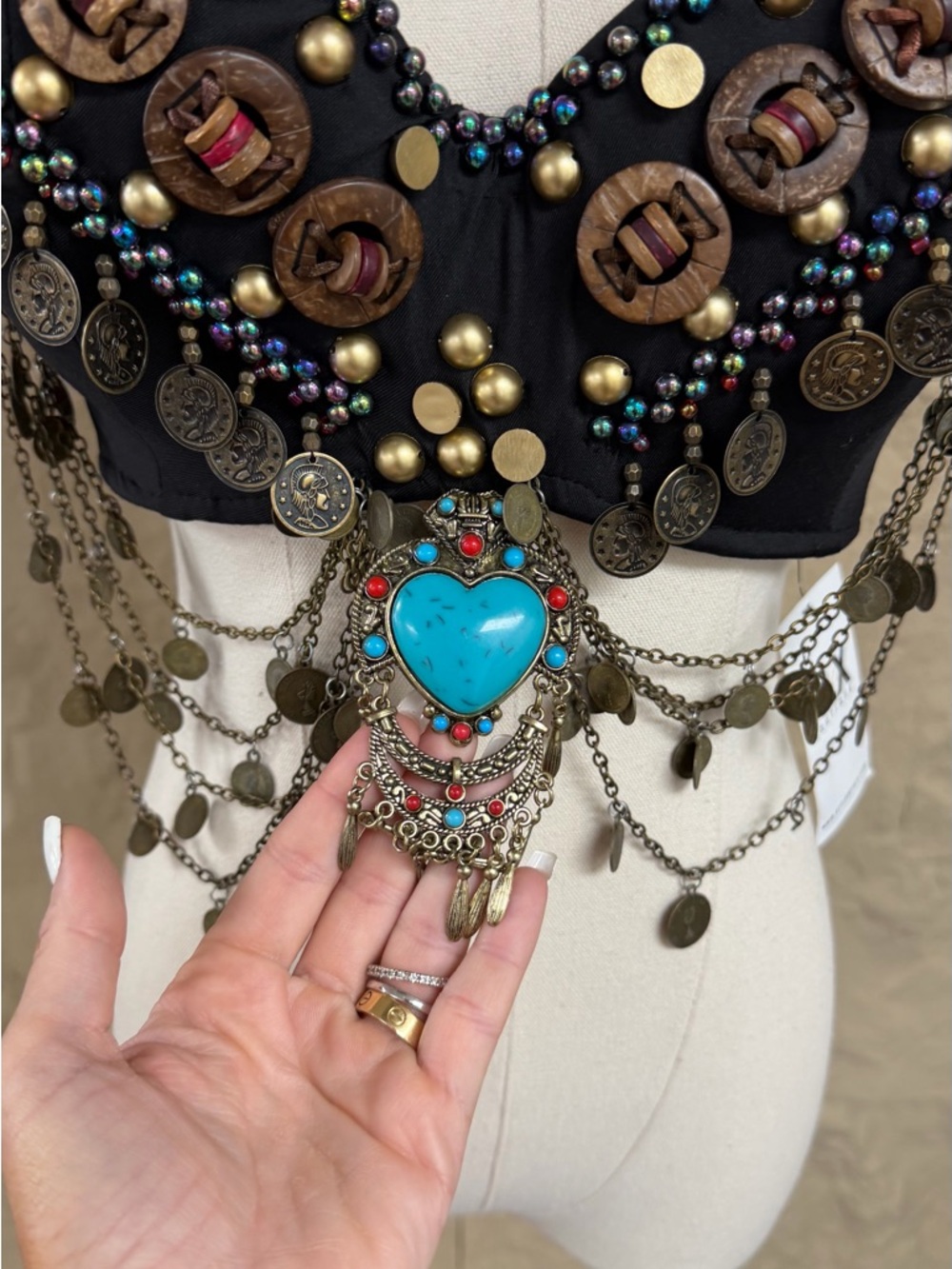 Coachella Beaded Tribal Belly Dance Bra with Turquoise Heart Accent - Black - Picture 5 of 7